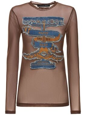 Y/Project Brown Sheer Mesh Long-Sleeve Top with Blue & Orange Patch